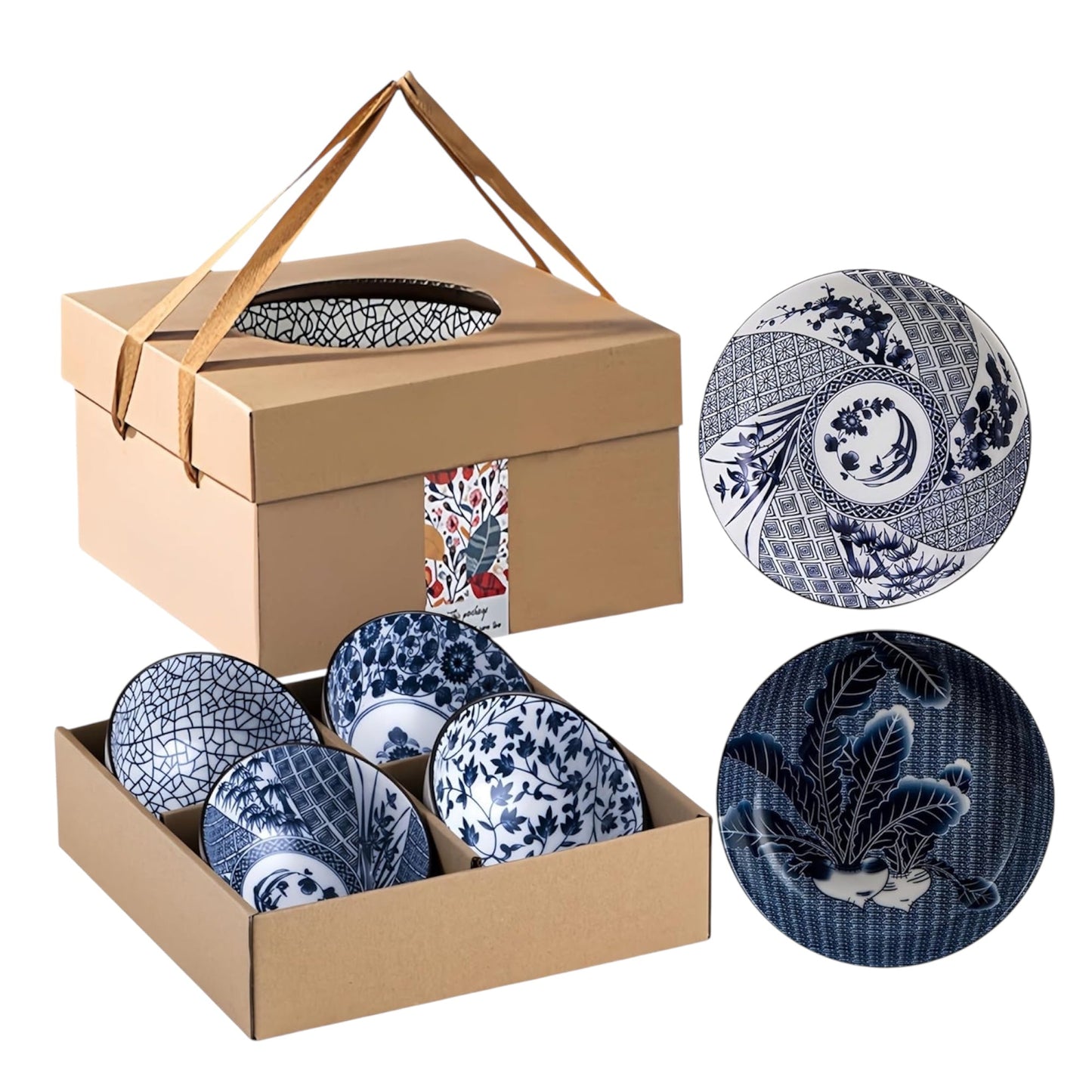 Ensemble d'assiettes et de bols en céramique de style japonais, ensemble de 6 bols à riz avec boîte cadeau, bol de service en porcelaine pour riz, soupe, dessert, collation, 250 ml, plat à sauce soja 20 cm, ensembles lavables au lave-vaisselle