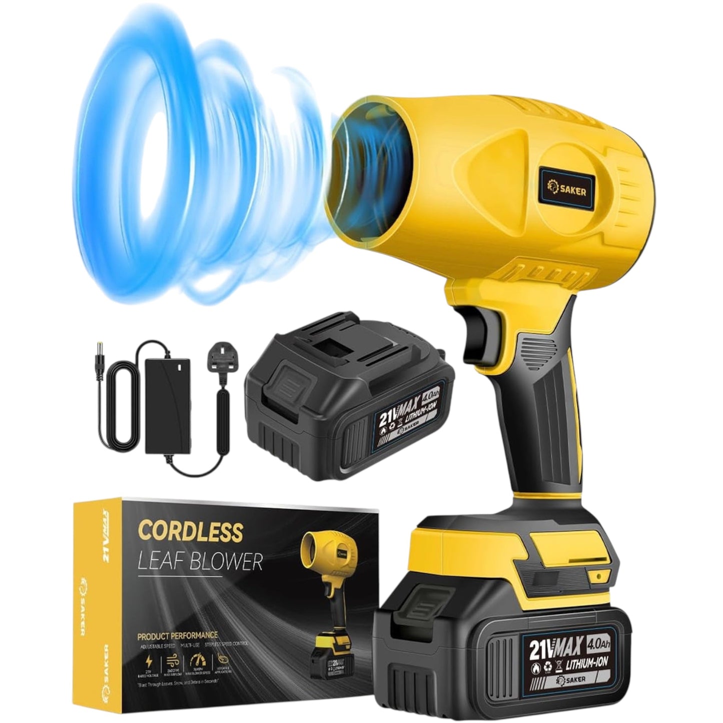 Cordless Leaf Blower Portable Dust Cleaner Handheld Blowers 180000 RPM with Adjustable Speed for Patio Cleaning Drying Camping 2 Batteries Yellow