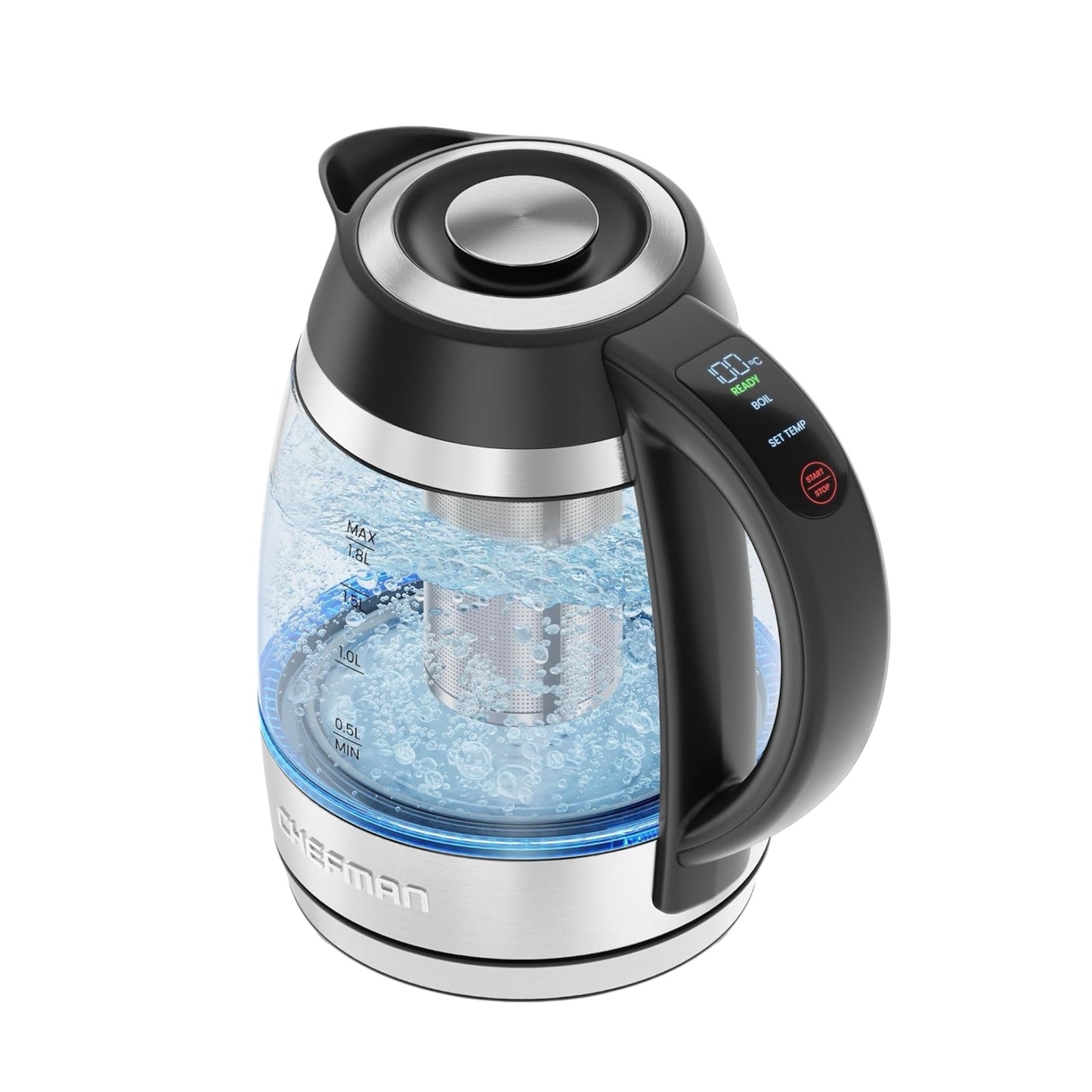 Chefman Kettle for Boiling Water, 1.8L 1500W, Hot Water in 3 Minutes, LED Lights, Auto Shut-Off, Boiling and Drying Protection, Glass Electric Kettle (Temperature Control)
