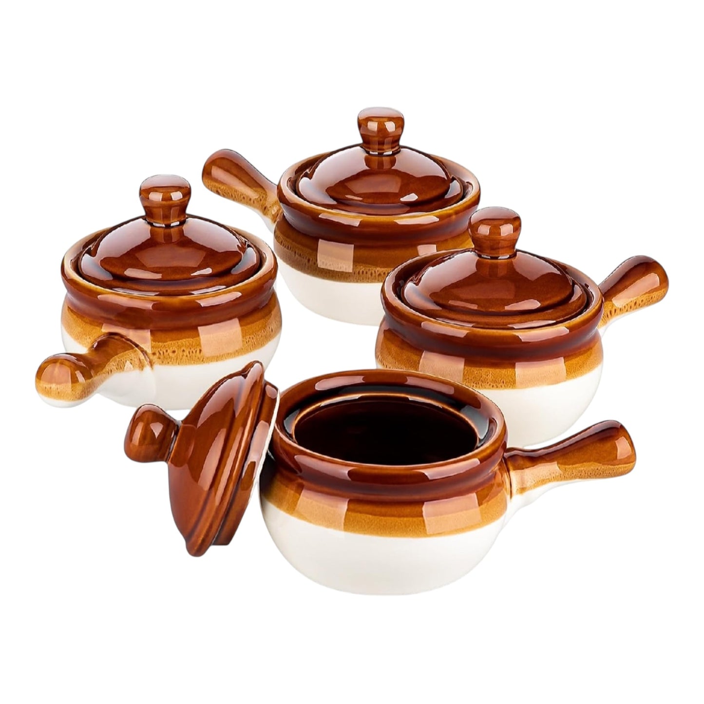 LOVECASE 16 OZ French Onion Soup Crocks with Lid,Porcelain Soup Bowls with Extended Handle,Serving Bowls for Chili, Beef Stew, Cereal, Pot Pies, Lasagna,Microwave/Oven-Safe,Set of 4