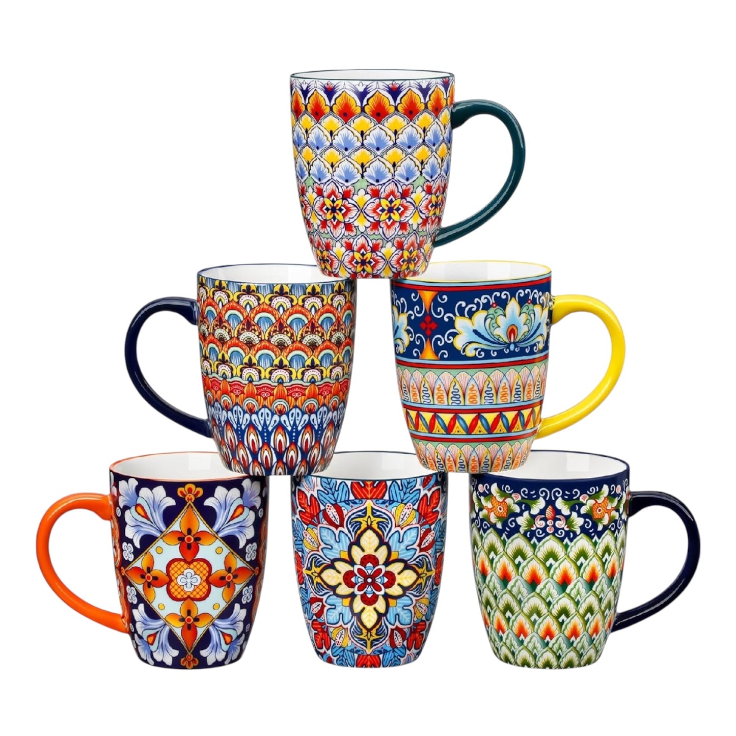 Vancasso SIMI Mugs Set, 16Oz/480Ml Porcelain Coffee Mug Set of 6, Bohemian Style Tea and Coffee Cups with Handle, Microwave & Dishwasher Safe, Suitable for All Kinds of Drinks