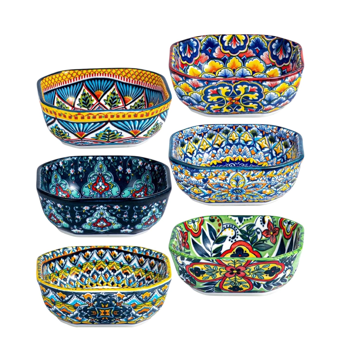 HENXFEN LEAD Square Snack Bowls Porcelain, 8Oz Dipping Bowls, Small Appetiser Plates for Sauce, Spices, Fruits, Snack & Dessert. Colourful, Pack of 6 - Bohemian Style