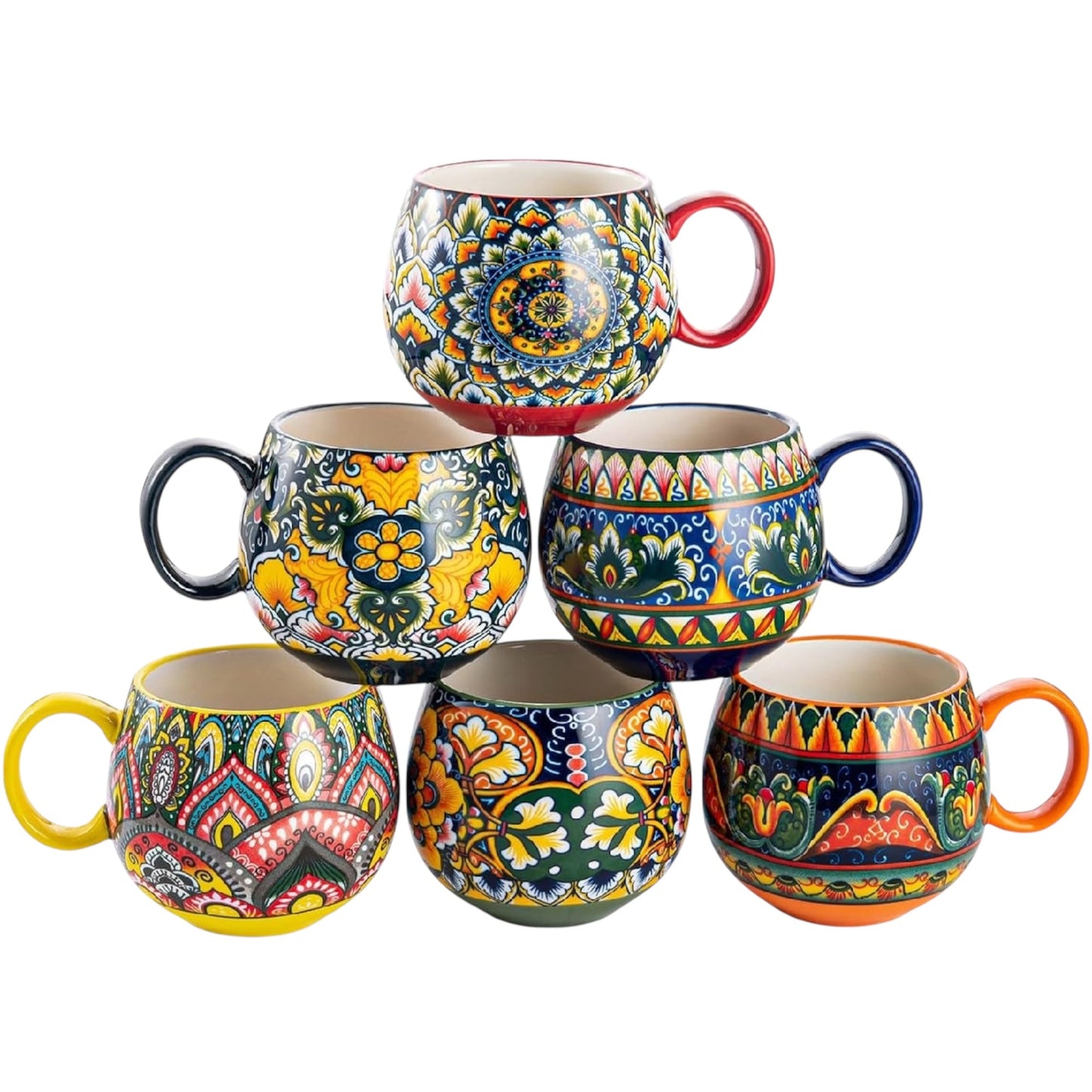 Porcelain Mug Set, Ceramic Cappuccino Cups/Mug Set - 600 Ml, Crockery Cup Mug for 6 People, Coffee Mug Set - Bohemian Style