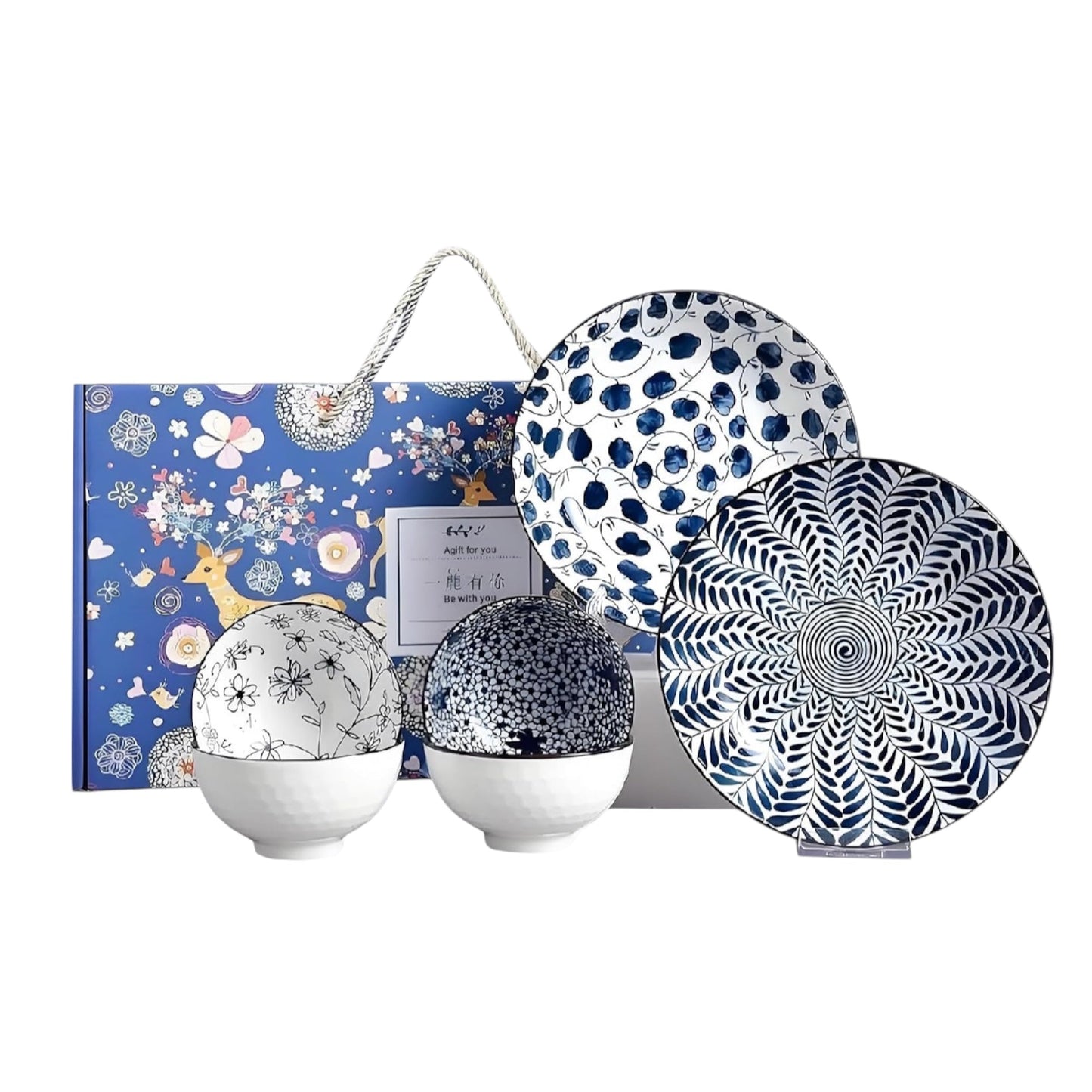 AmiCera Dinner Set-Plates and Bowls Set-Blue and White Porcelain Crockery Set-Tableware Gift Set-Chinese Japanese Dinnerware Set-20 Cm/7.8 Inches Dinner Plates for 2 and 300 Ml Cereal Bowl for 4