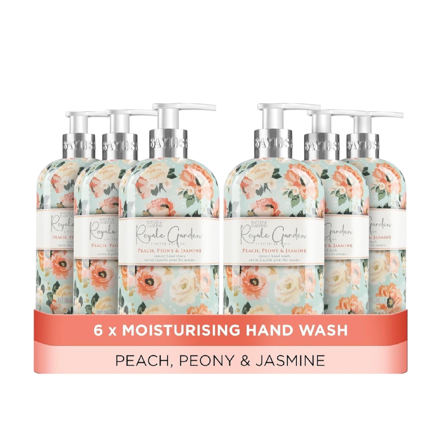 Baylis & Harding Royale Garden Pêche, Pivoine & Jasmin Savon Liquide pour les mains, 500 ml (Lot de 6) - Vegan