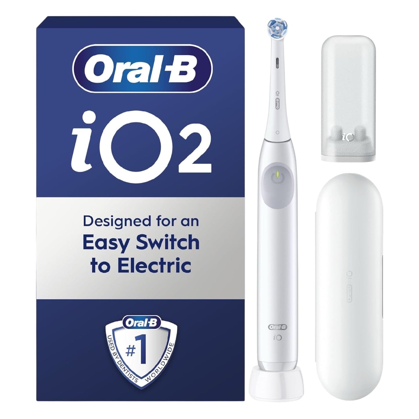 Brosse à dents électrique Oral-B Io2, 1 tête de brosse Gentle Care, 1 étui de voyage, 1 support de recharge de voyage, brosse à dents pour adultes (blanc simple), conçue par Braun, prise britannique à 2 broches
