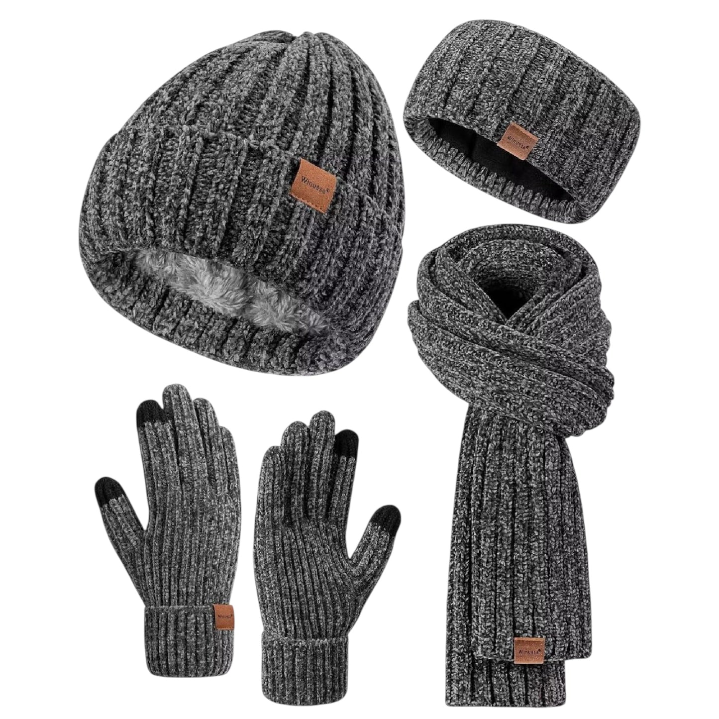 Ensemble Winuesa Bandeaux Bonnet Écharpe et Gants Femme, Bonnet en Chenille Femme Doublure Polaire Gants Écran Tactile Femme Écharpe Tricot Cache-oreilles 4 en 1 Ensemble Cadeau Grand Froid