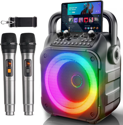 Nouvelle machine de karaoké avec 2 microphones sans fil : Microphones haut-parleur de karaoké pour adultes et enfants - Haut-parleur Bluetooth portable pour TV, téléphone, tablette - Cadeau karaoké pour fêtes, maison, extérieur, mixeurs en direct