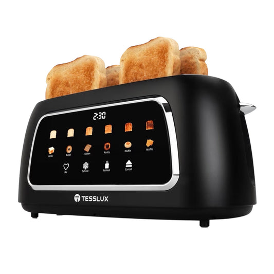 Tesslux 4 Slice Toaster with Touch Screen Control, 1.5" Wide Long Slots, 6 Browning Levels & 6 Bread Types, Digital Timer, Memory, Defrost, Reheat (Black)
