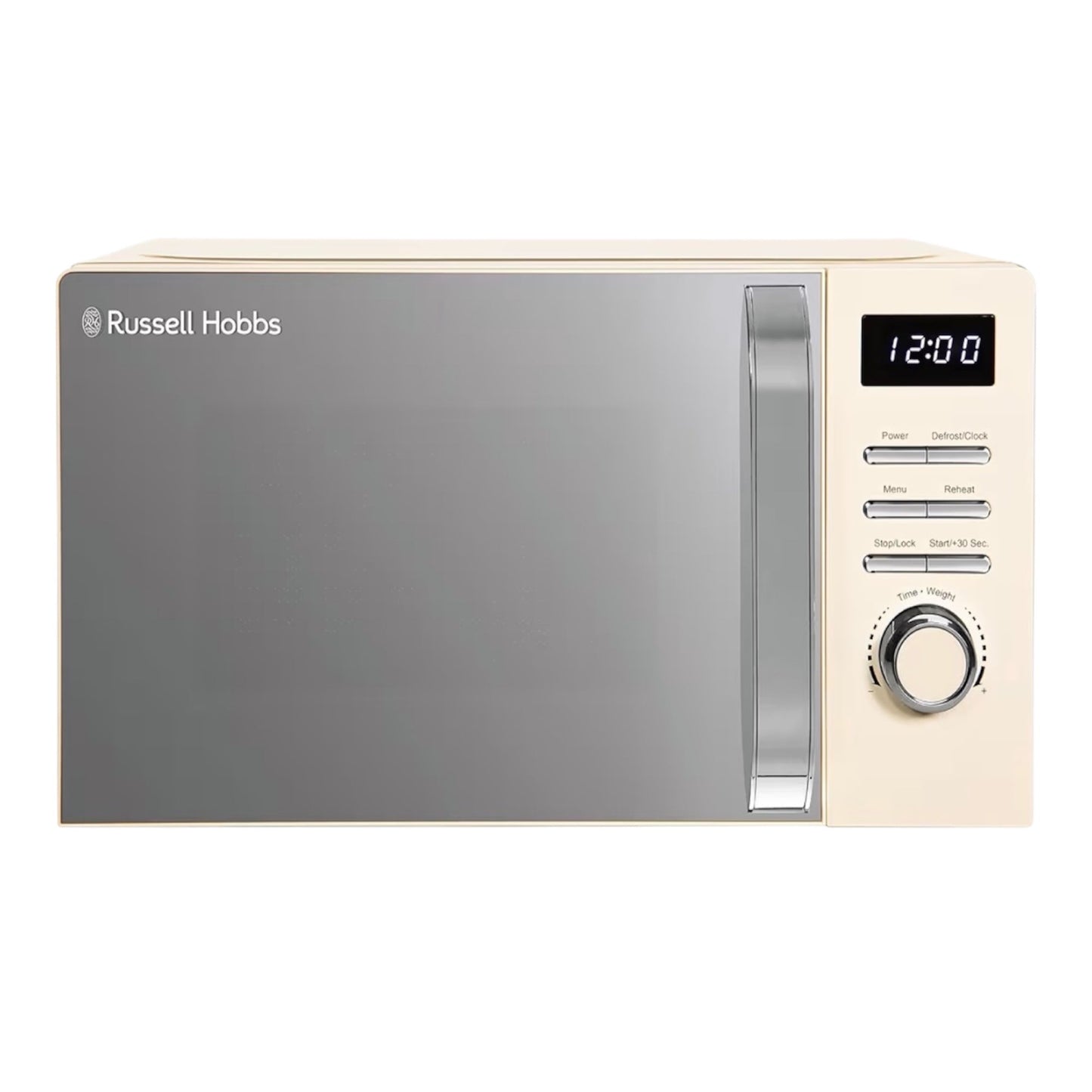 Micro-ondes numérique Russell Hobbs 20L 800W Crème avec 5 niveaux de puissance, porte à poignée et commandes à bouton, horloge et minuterie, décongélation automatique, facile à nettoyer, 8 menus de cuisson automatique RHMD818C