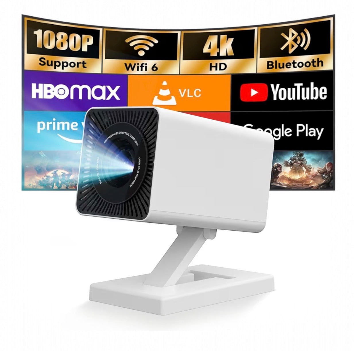 Mini vidéoprojecteur avec WIFI 6 et Bluetooth, support 4K 1080P, vidéoprojecteur portable à correction trapézoïdale automatique pour ordinateur portable, PC, smartphone