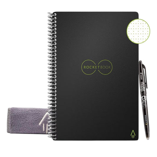 Rocketbook Reusable Digital Notebook - Smart Notepad A5 Black, Wirebound Note Book To Do List Pad, Dotted Paper with Frixion Erasable Pen and Wipe, Office Gadget with Rocketbook App Reduce Paper Waste