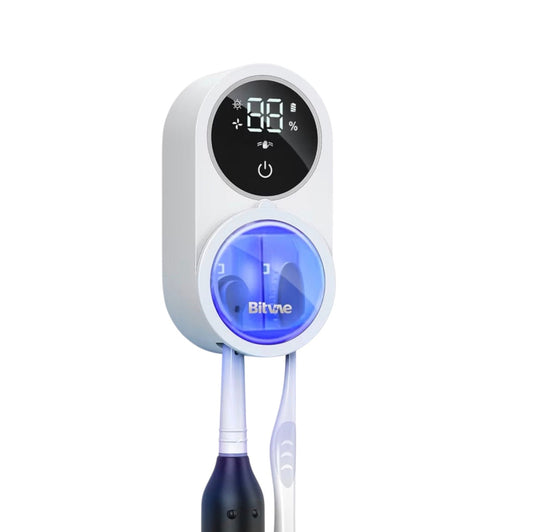 Bitvae Toothbrush Holder & Toothbrush Cleaner, Cleaning and Air Drying, LED Smart Screen, Rechargeable Wall Mount Toothbrush Holder for Bathrooms, White
