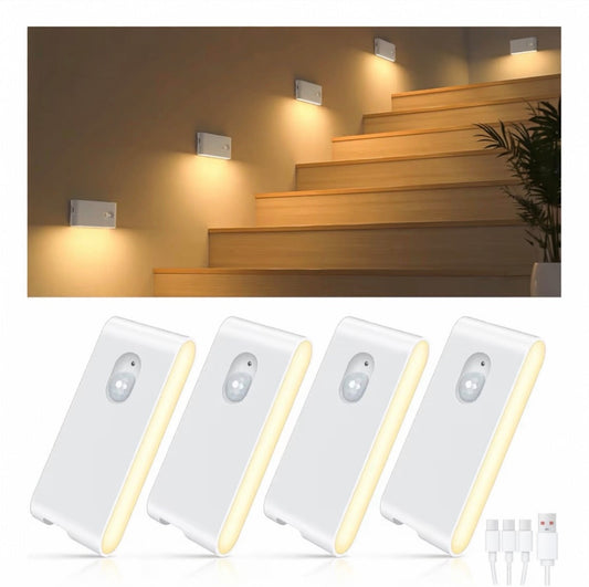 WILLED Stair Lights, Rechargeable Motion Sensor Light, Wireless Night Light (Auto/ON/Off), Magnetic Stick on Lights for Wardrobe, Hallway, Stairs, Bedroom (4 Pack)