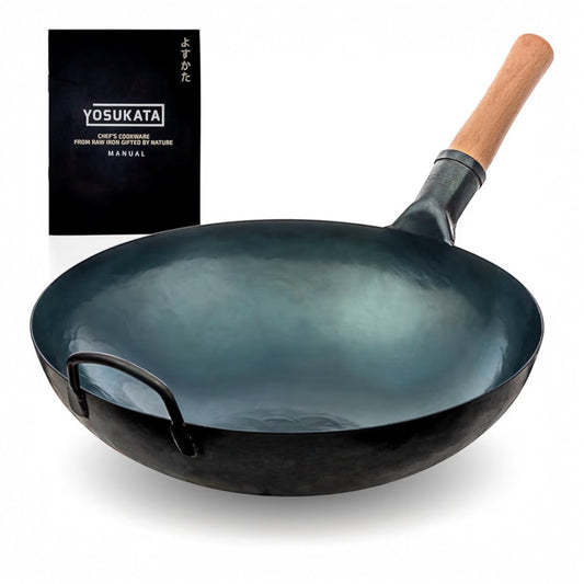 YOSUKATA 36 cm Round Bottom Carbon Steel Wok Pan – Blue Pre-Seasoned Pow Wok for Stir Fry, BBQ, Grill & Camping – Traditional Japanese & Chinese Cookware – Compatible with Gas Stoves & Open Fire Only