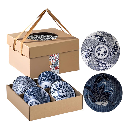 Japanese Style Ceramic Plates and Bowls Set, Rice Bowl with Gift Box Bowls Set of 6, Porcelain Serving Bowl for Rice, Soup, Dessert, Snack, 10Oz/250Ml, Soy Sauce Dish 8Inch, Dishwasher Safe Sets