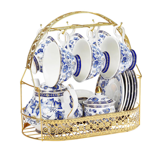 21 Pieces British Vintage Porcelain Tea Set, Blue Floral Ceramic Coffee Set with Stand, Cups and Saucer Service for 6, for Afternoon Tea Party