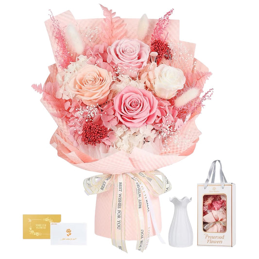 Roses Bouquet with Vase,Forever Bouquet Flowers, Eternal Preserved Real Rose, Gifts for Woman Wife Girlfriend,Gifts for Her on Birthday, Anniversary, Valentine's Day, Mother's Day, Christmas, Pink