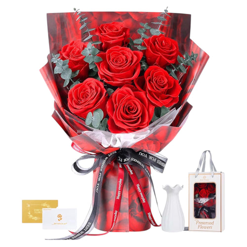 Bouquet de 7 roses avec vase, fleurs éternelles, vraie rose éternelle préservée, cadeaux pour femme, épouse, petite amie, cadeaux pour elle à l'occasion d'un anniversaire, de la Saint-Valentin, de la fête des Mères, de Noël (Rouge)
