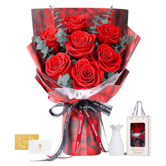 7 Roses Bouquet with Vase, Forever Bouquet Flowers, Eternal Preserved Real Rose, Gifts for Woman Wife Girlfriend, Gifts for her on Birthday, Anniversary, Valentine's Day, Mother's Day, Christmas（Red)