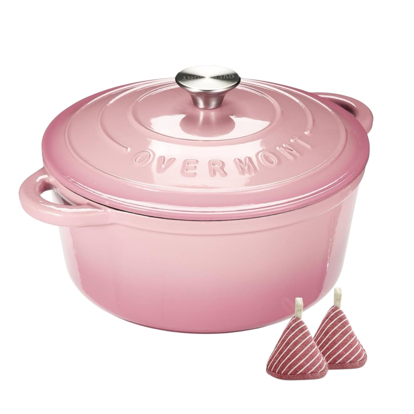 26Cm/5.2L Enamelled Cast Iron round Casserole Pot with Lid Cookbook & Cotton Potholders - Non-Stick Dutch Oven Cookware for Braising, Stews, Roasting, Bread Baking - Pink, 5.5QT