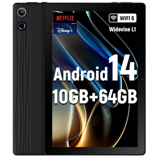 Ryesug 10 Inch, Android 14 Tablet 10GB RAM + 64GB ROM TF 1TB Expand, Widevine L1, Wifi6, BT5.3, 5MP+8MP Camera, 5000Mah, Facial Recognition, Dynamic Halo, Black
