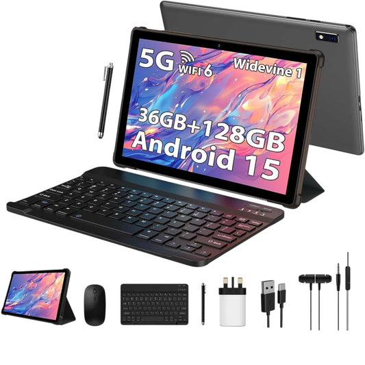 LINROM Tablet 10 Inch Android 15, 36GB RAM, 128GB ROM (TF 1TB), 1080P Widevine L1, 5G Wifi Octa-Core, 8000Mah, 5MP+8MP, Tablet with Keyboard|Mouse|Case|Earphone-Grey