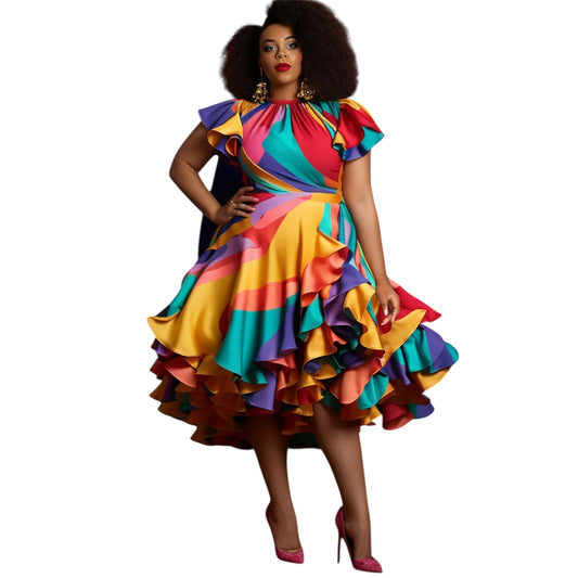 Plus Size Pleated A-Line Ruffle Dress – Vintage Multicolour Satin Midi Dress