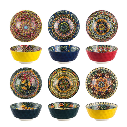 Henten Home Cereal Bowls, Bowls Set of 6-25 OZ, Porcelain Bowl for Cereal/Soup/Noodles/Poke/Pho/Fruit, Boho Dishes - Vibrant Colours Soup Plates