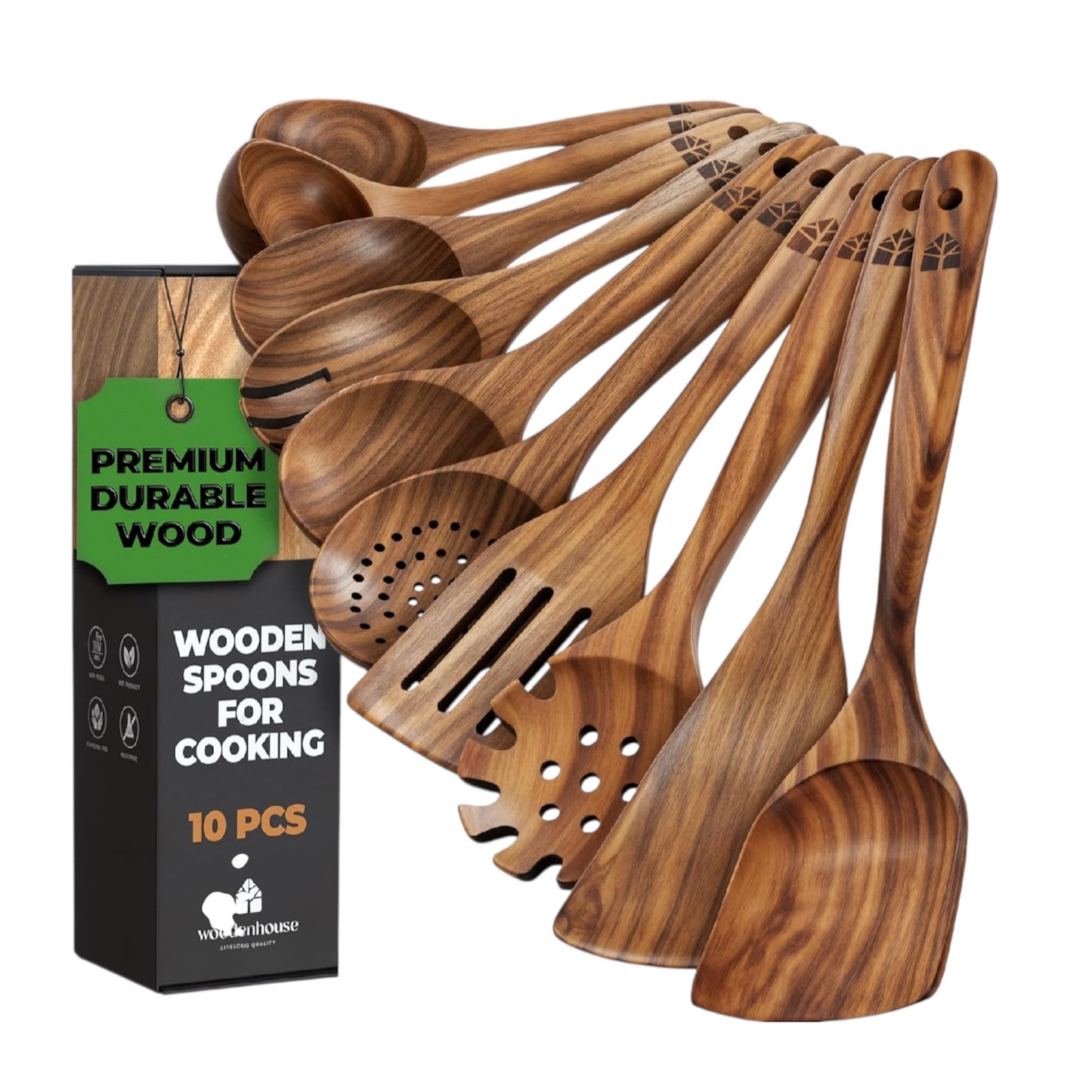 Wooden Utensil Set - 10 Pcs Teak Wooden Spoon Kitchen Utensils Set for Nonstick Pans & Cookware. Non-Scratch, Heat Resistant, Comfortable Grip. Includes Cooking Spatula