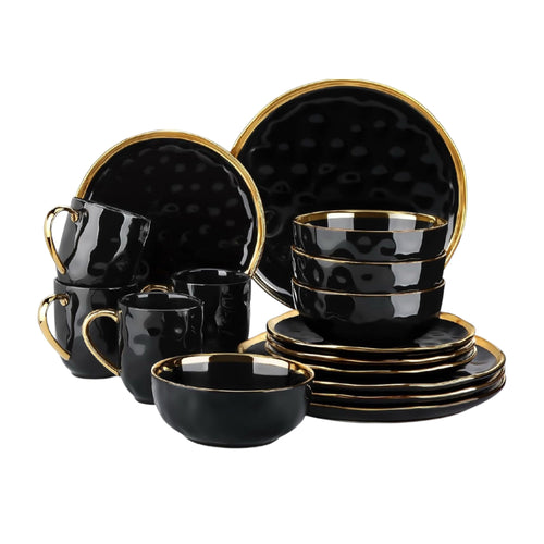 LOVECASE 'Apollo', 16 Piece Dinner Set, Stoneware Dish Set for 4, Kitchen Plates and Bowls Sets, Handmade Dinnerware Set with Gold Trim, Dishwasher Safe, Black and Gold