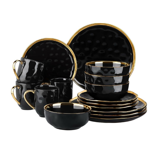 LOVECASE 'Apollo', 16 Piece Dinner Set, Stoneware Dish Set for 4, Kitchen Plates and Bowls Sets, Handmade Dinnerware Set with Gold Trim, Dishwasher Safe, Black and Gold
