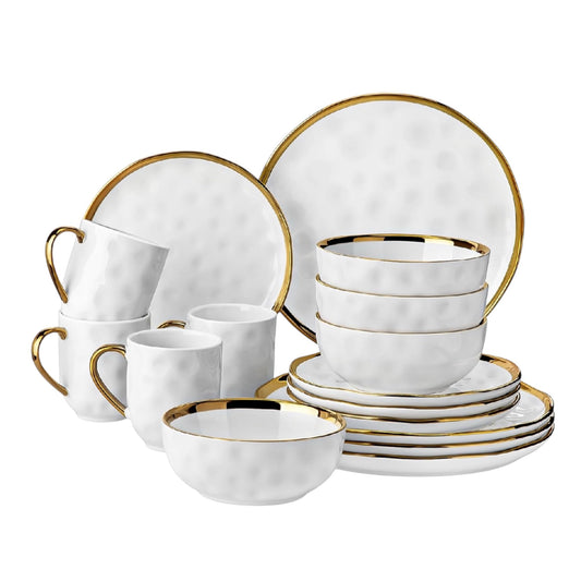 LOVECASA 'Apollo', 16 Piece Dinner Set, Stoneware Dish Set for 4, Kitchen Plates and Bowls Sets, Handmade Dinnerware Set with Gold Trim, Dishwasher Safe, White and Gold