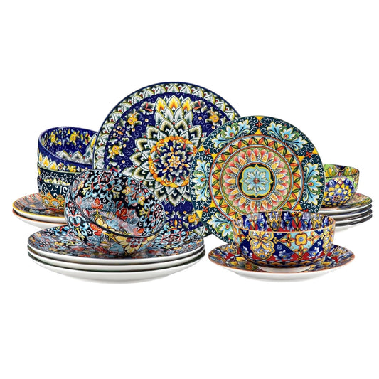 Vancasso SIMI Dinner Set- 18 Pieces for 6 People, Porcelain Plates and Bowls Set, Bohemian Style Dinnerware Sets, Scratch Resistant Dinner Service Set, Dishwasher and Microwave Safe
