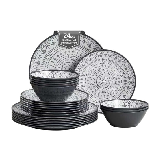 24PCS Melamine Dinnerware Sets - Camping Plates and Bowls Set, Dinner Set for 8 People, Plate Set - Durable & Stylish Dining Collection
