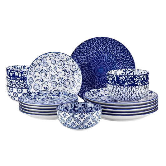 Selene Dinner Sets for 6 People, 18 Pieces Vintage Blue Porcelain Plates and Bowls Set Kitchen Crockery Set Dinnerware Sets, Mircowave and Dishwasher Safe Dishes Set