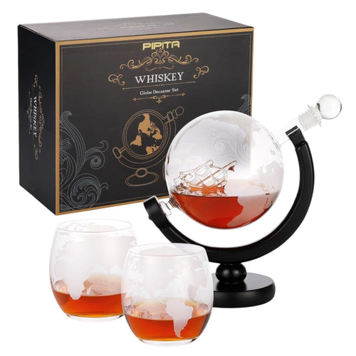 Ensemble de carafe à whisky Globe avec 2 verres de 250 ml et un porte-clés décapsuleur, cadeaux d'anniversaire pour lui, mari, petit ami, carafe à whisky de 850 ml, cadeau de Noël unique pour Bourbon Scotch