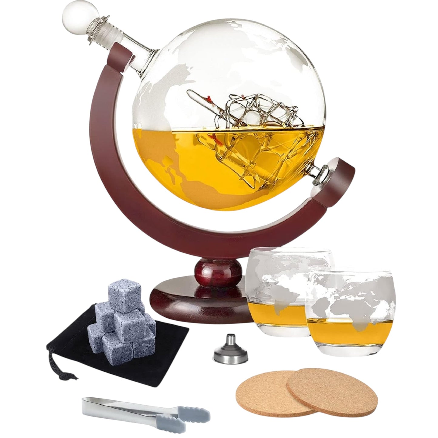 Coffret carafe et verres à whisky, coffrets cadeaux carafe globe à whisky pour hommes, mari, lui, petit ami, papa, femmes avec 2 verres, 9 glaçons, pince et entonnoir, pour toutes sortes de boissons alcoolisées