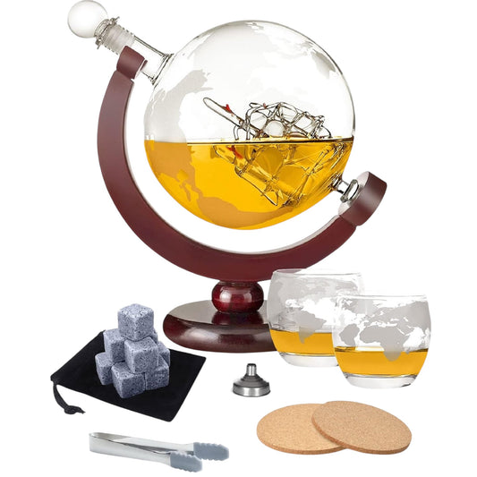 Whiskey Decanter and Glass Set,Globe Decanter Whiskey Gift Sets for Men Husband Him Boyfriend Dad Women with 2 Glasses, 9 Ice Cubes, Tong & Funnel,For All Kinds of Alcohol Drinks