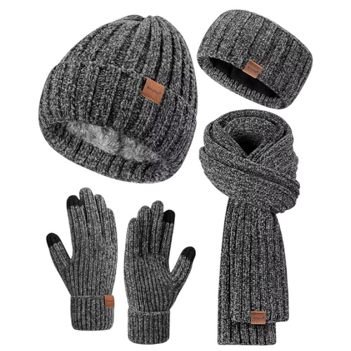 Ensemble Winuesa Bandeaux Bonnet Écharpe et Gants Femme, Bonnet en Chenille Femme Doublure Polaire Gants Écran Tactile Femme Écharpe Tricot Cache-oreilles 4 en 1 Ensemble Cadeau Grand Froid