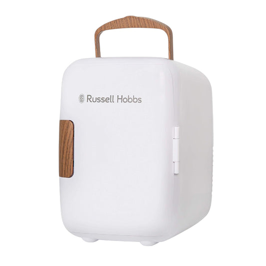 Russell Hobbs RH4CLR1001SCW 4L/6 Can Mini Portable Cooler & Warmer for Drinks, Cosmetics/Makeup/Skincare, AC/DC Power, Scandi Style, White & Wood Effect, for Bedroom, Home, Caravan, Car