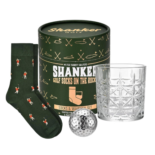 Shanker - Chaussettes de golf on the Rocks - Coffret chaussettes, verre à whisky et pierres à glaçons pour balle de golf - Coffret cadeau de golf pour hommes - Taille 41-46