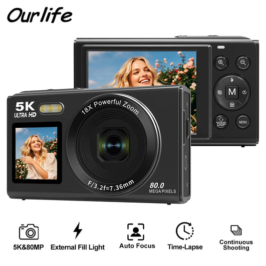 Digital Camera CCD Dual Screen Portable Digital Camera 18X Zoom 5K Vintage Vlog Video Recorder 80MP CCD Selfie Camera