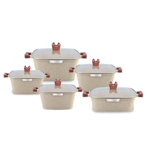 Ensemble de cuisson 10 pièces – Faitout carré antiadhésif en fonte d'aluminium – Finition granit, couvercle en silicone imitation bois de gomme, poignée résistante à la chaleur