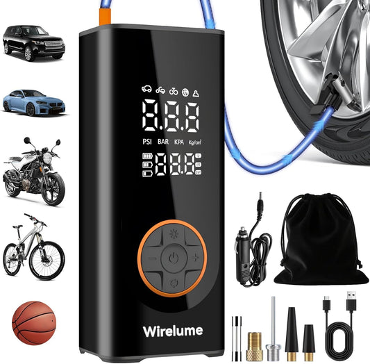 Cordless Tyre Inflator Portable Air Compressor Digital Car Tire Pump DC 12V 150 PSI Electric Air Pump for Vehicle Tyres/Bike/Inflatables with Preset and Auto Shutoff Function/ 4 Nozzles/Led Light